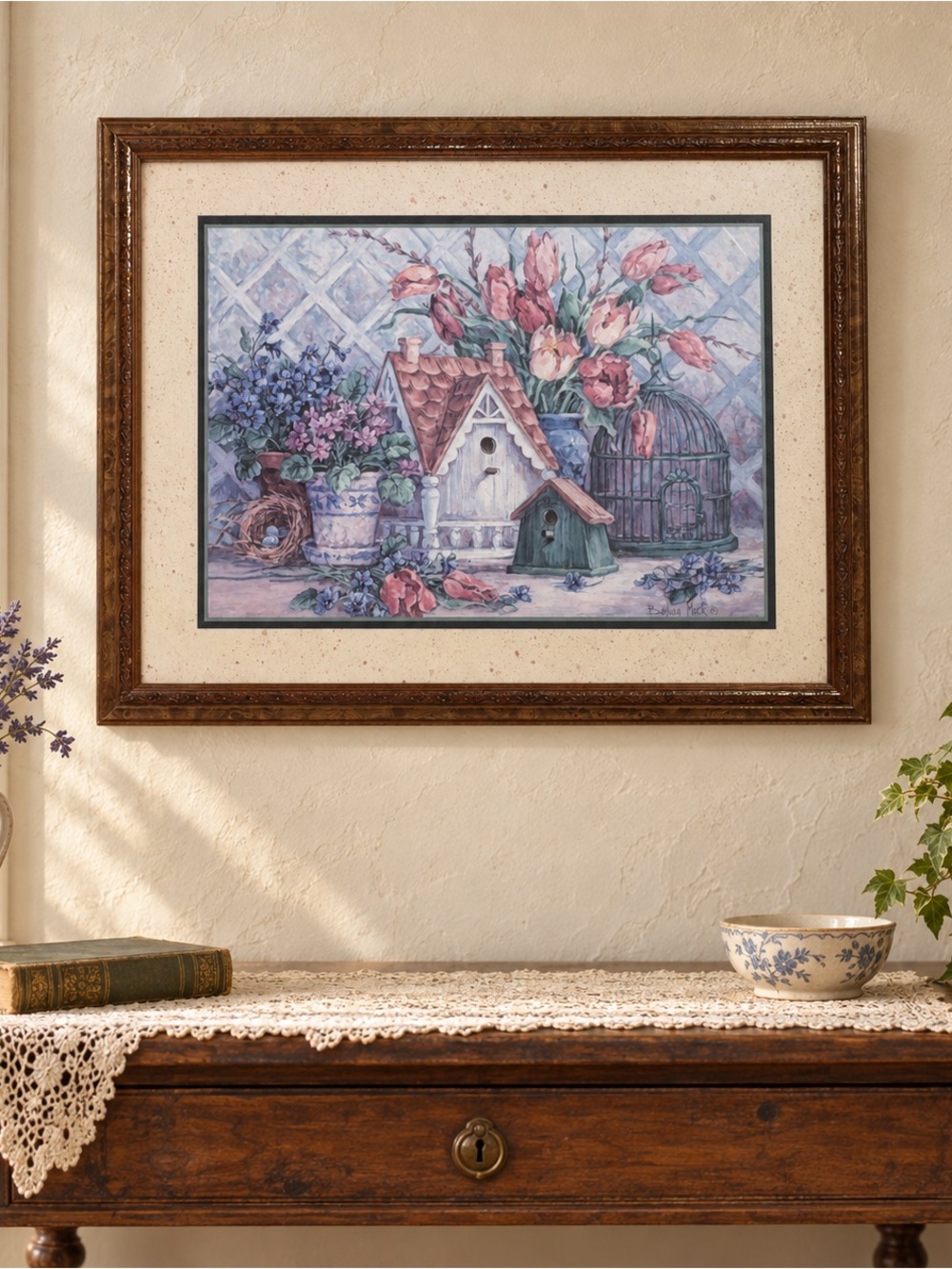 Barbara Mock Framed Cottage Garden Birdhouse Floral Print Vintage Wall Art